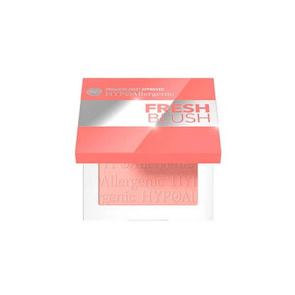Fresh Blush Hypoallergenic pressed powder blush in a square compact with a coral pink lid and silver reflective strip, shown on a white background.