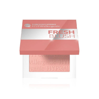 A square makeup compact of Fresh Blush HypoAllergenic blush, showing the coral pink pressed powder inside a clear case with a matching coral and white lid.