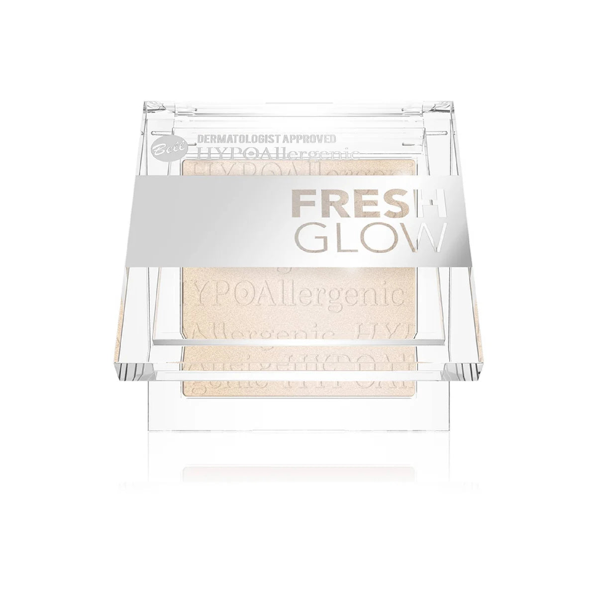 Fresh Glow Hypoallergenic Pressed Powder in a clear rectangular compact with a silver label band, shown on a white background.