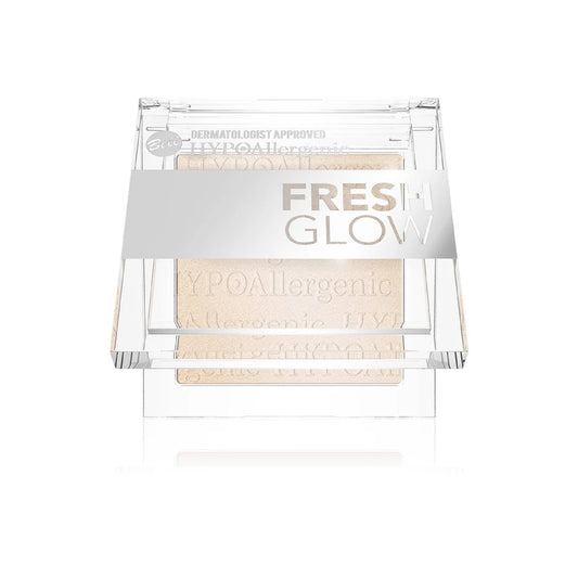 Fresh Glow Hypoallergenic Pressed Powder in a clear rectangular compact with a silver label band, shown on a white background.