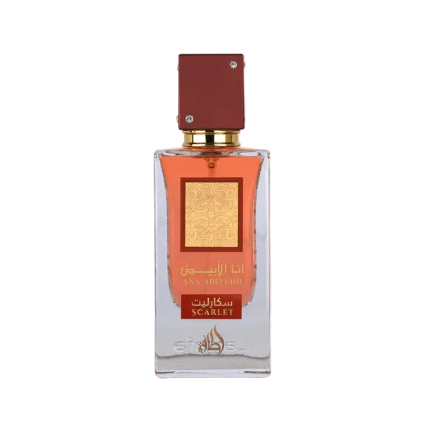 Perfume bottle Ana Abyedh Scarlet with red cap and clear body on a white background