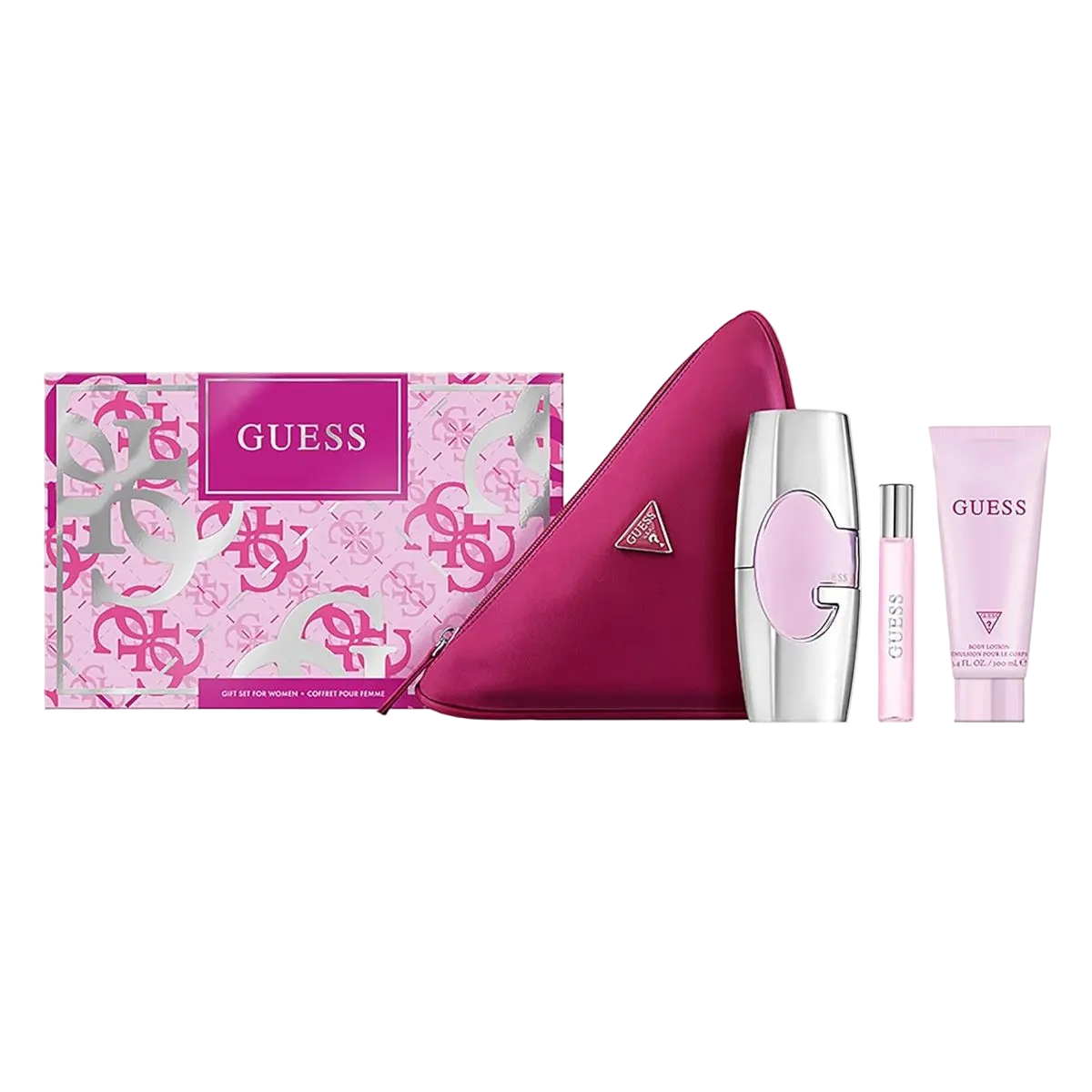 Guess perfume set with pink pouch, bottle, and lotion on a white background
