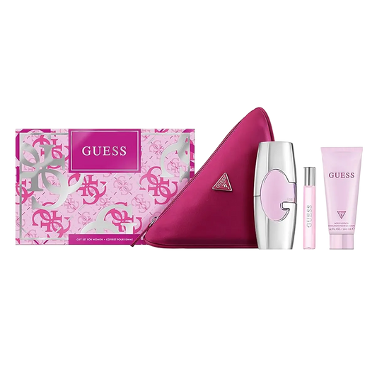 Guess perfume set with pink pouch, bottle, and lotion on a white background