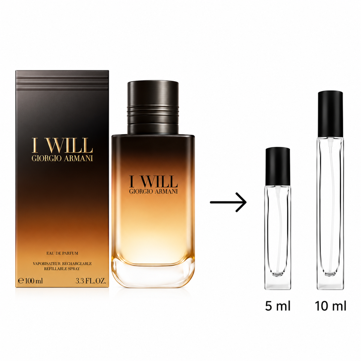 Giorgio Armani 'I Will' Eau de Parfum 110ml bottle with its black box, alongside two refillable spray travel atomizers labeled 5 ml and 10 ml, on a white background.