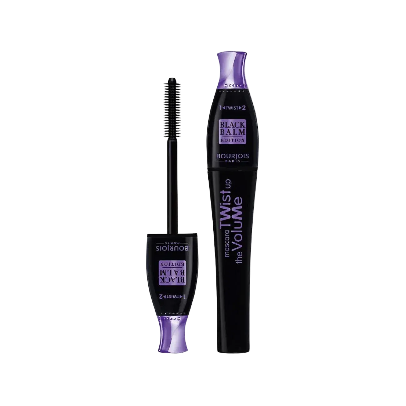 Bourjois Twist The Volume Volumising Mascara With 2-in-1 Brush with black and purple packaging on a white background
