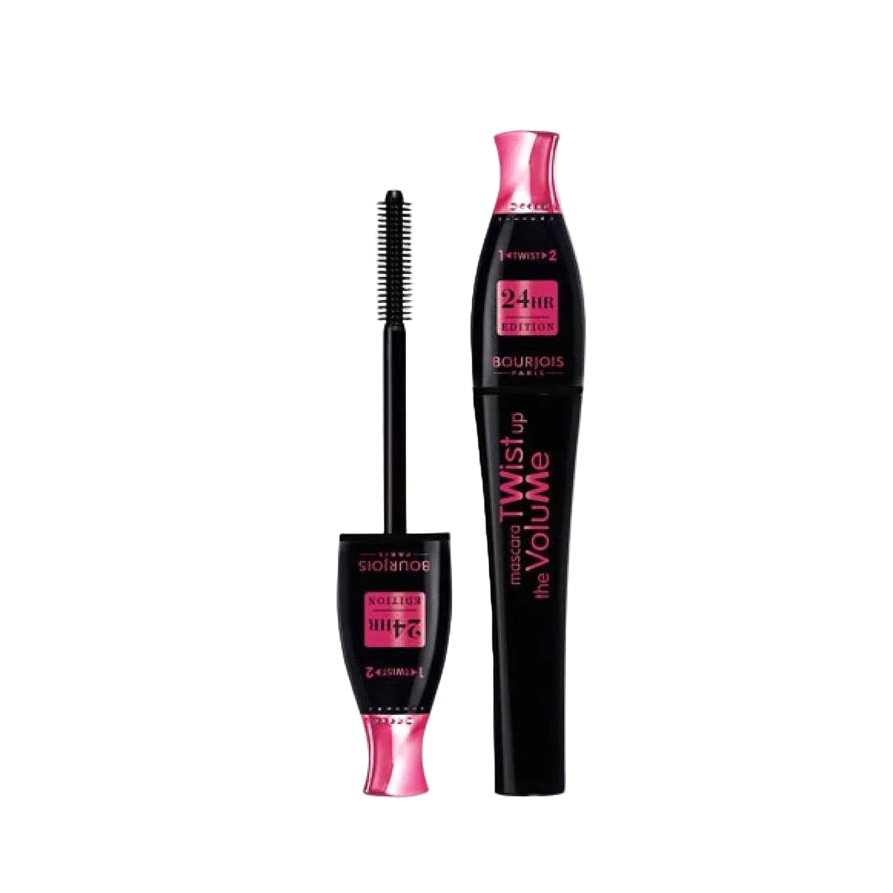 Bourjois Mascara Twist up with brush and packaging on a white background