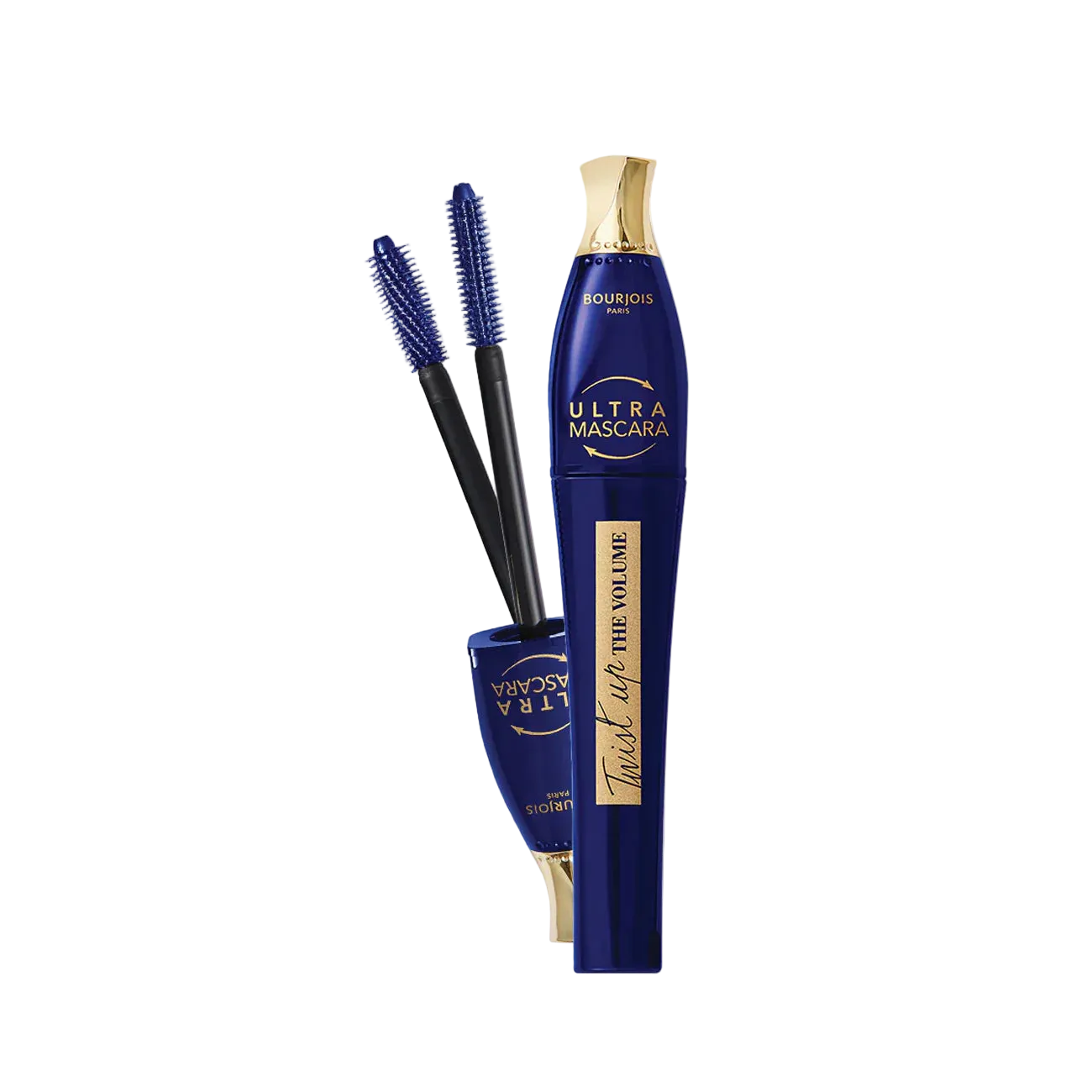 Bourjois Twist up the volume Ultra Mascara with blue and black brush on a white background