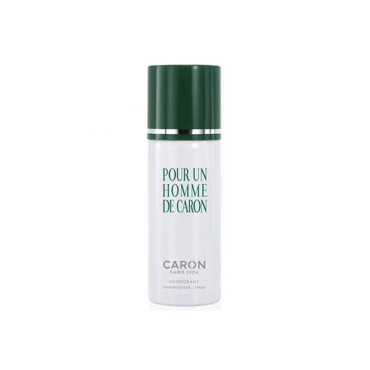 A white cylindrical deodorant spray bottle with a dark green cap and green text reading 'POUR UN HOMME DE CARON' and 'CARON PARIS 1904', centered on a plain white background.