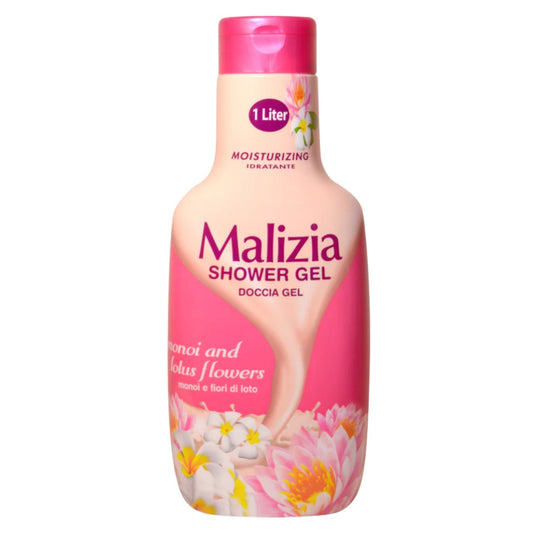 Malizia shower gel bottle with pink cap and floral design on a white background
