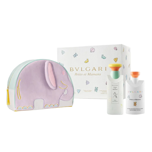 Bulgari Petits et Mamans gift set with a purple bunny-shaped container and two bottles on a white background