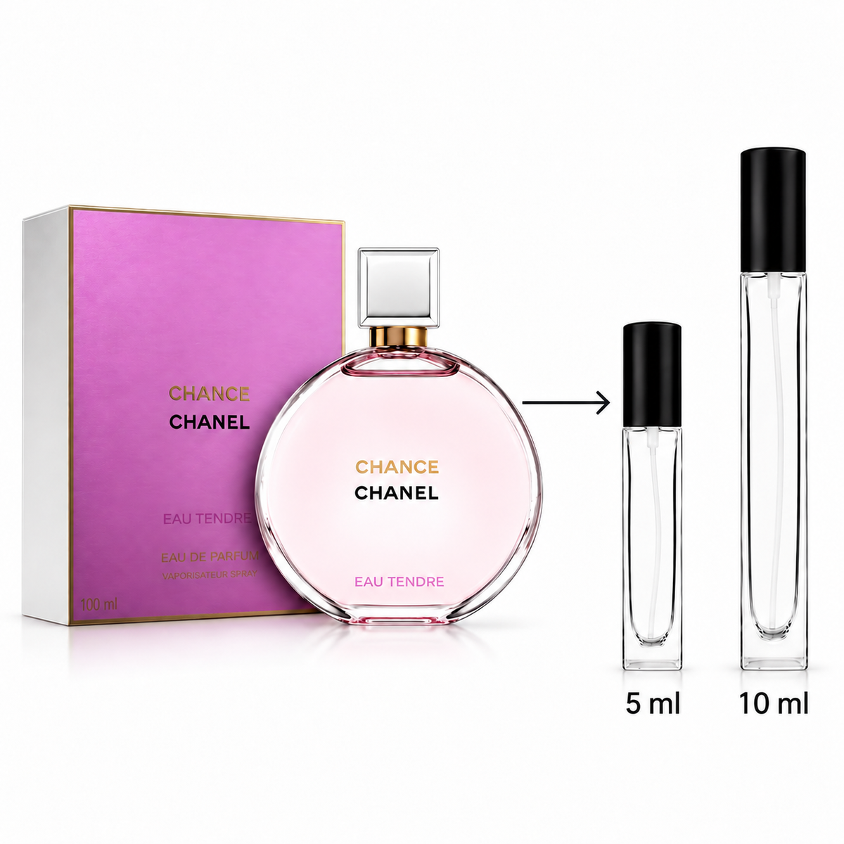 Chanel Chance Eau Tendre perfume shown with its pink and white box, a large round bottle, and two travel atomizer vials labeled 5 ml and 10 ml on a white background.