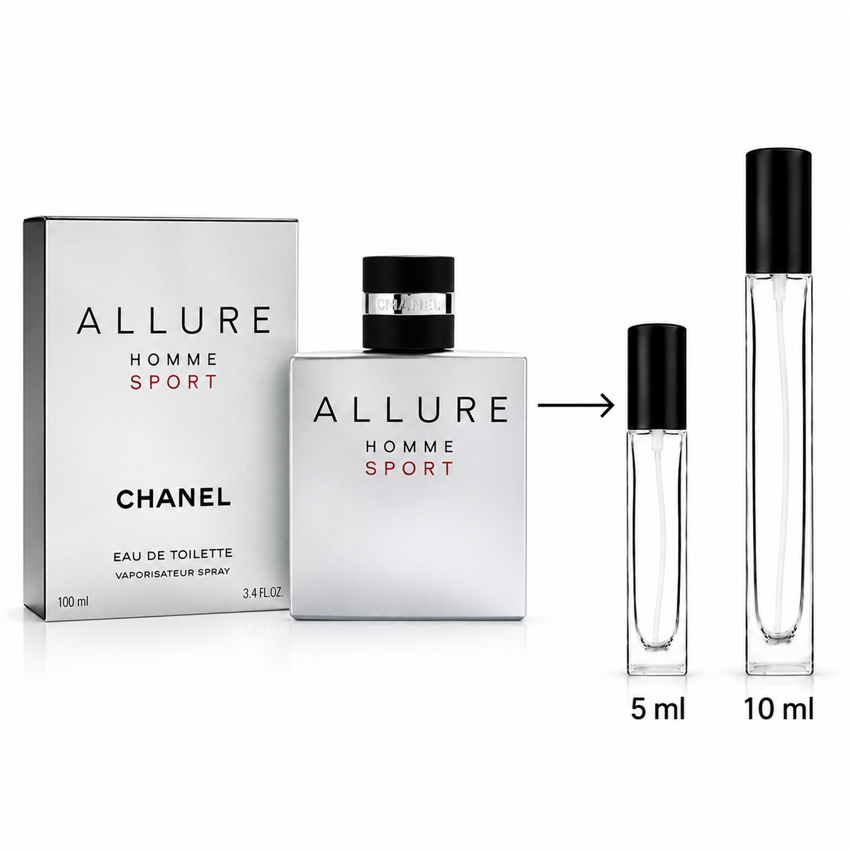 Chanel Allure Homme Sport Eau de Toilette shown with a 100 ml box, a 3.4 fl oz bottle, and two travel atomizer spray bottles labeled 5 ml and 10 ml on a white background.