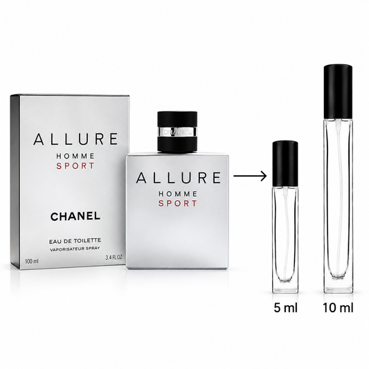 Chanel Allure Homme Sport Eau de Toilette shown with a 100 ml box, a 3.4 fl oz bottle, and two travel atomizer spray bottles labeled 5 ml and 10 ml on a white background.