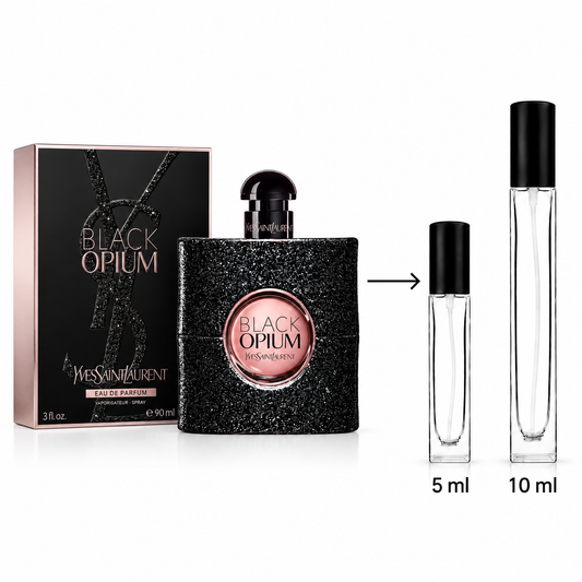 Yves Saint Laurent Black Opium Eau de Parfum shown with its black and rose-gold box, a black glitter spray bottle, and two clear travel atomizer vials labeled 5 ml and 10 ml on a white background.