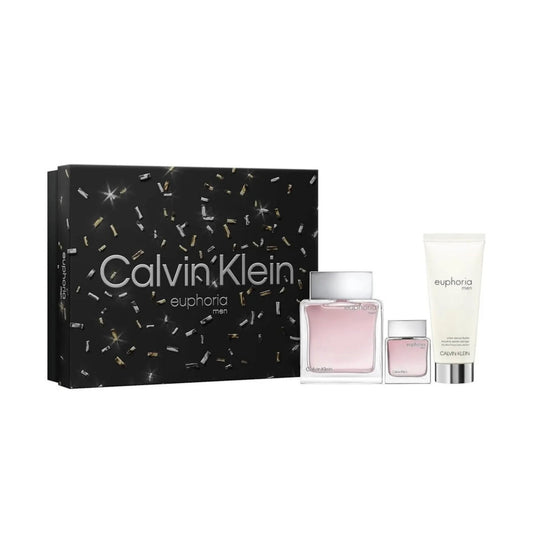 Calvin Klein Euphoria for Men gift set featuring a black patterned box, a pink fragrance bottle 100ml, a small pink bottle, and a white after shave tube on a white background.