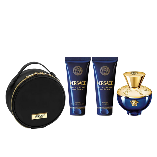Versace Dylan Blue perfume set with black round bag, two bottles, and a small bottle on a white background