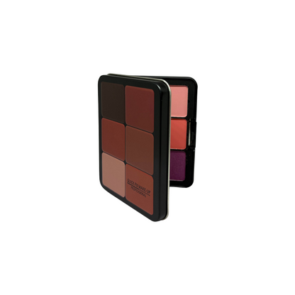 Makeup palette with various shades on a white background