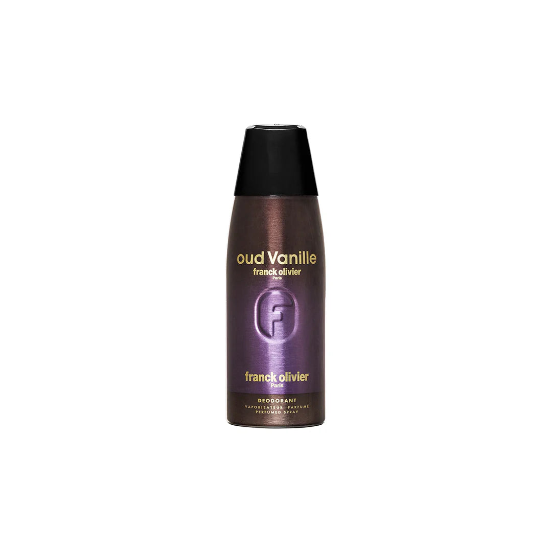 Deodorant spray bottle labeled 'Oud Vanille' by Franck Olivier on a white background
