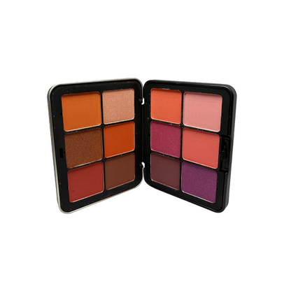 Makeup palette with six colorful swatches on a white background