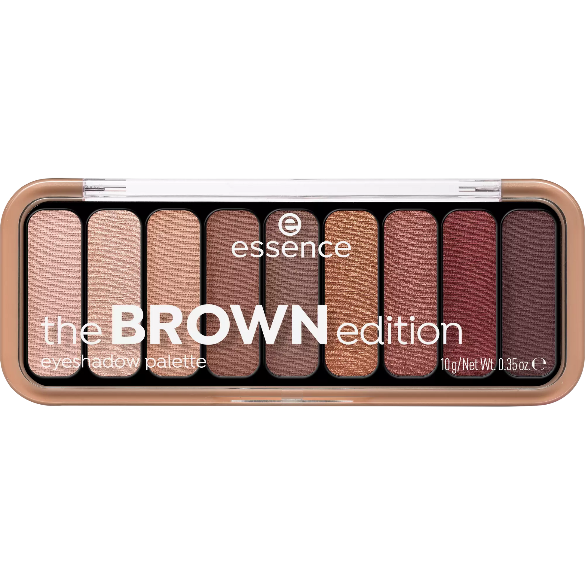 Essence Brown Edition eyeshadow palette on a white background