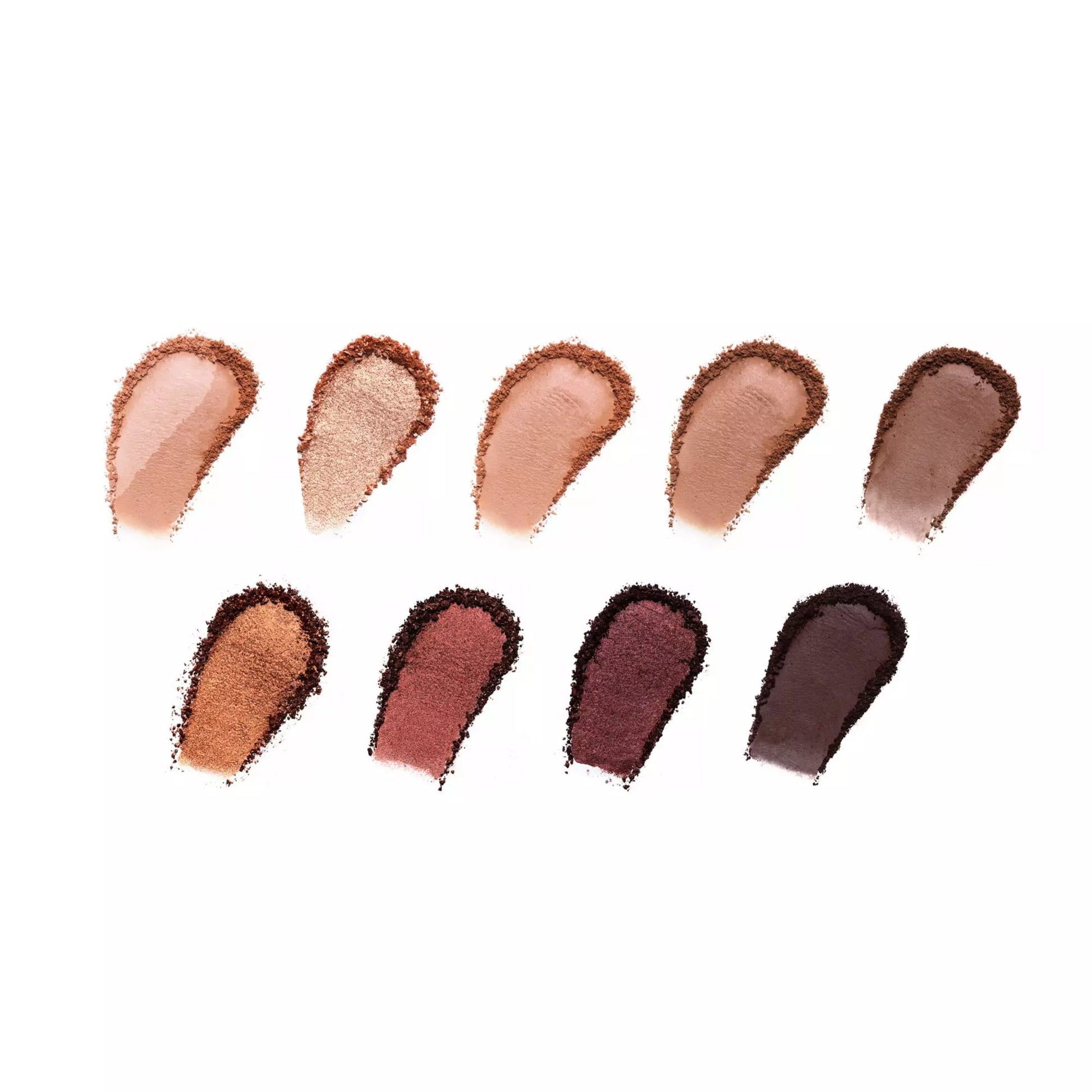 Set of makeup swatches in various earthy tones on a white background