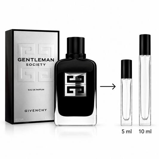 Givenchy Gentleman Society Eau de Parfum shown with the main black-and-silver bottle, its retail box, and two travel atomizer vials labeled 5 ml and 10 ml on a white background.