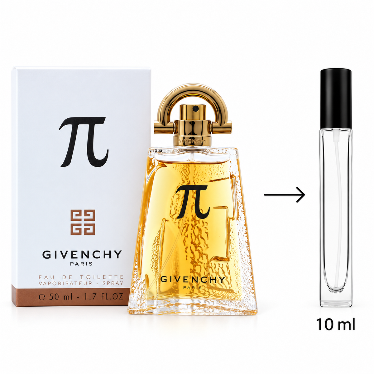 Givenchy Pi Eau de Toilette perfume bottle with its white and brown box, alongside a 10 ml travel atomizer spray, on a white background.