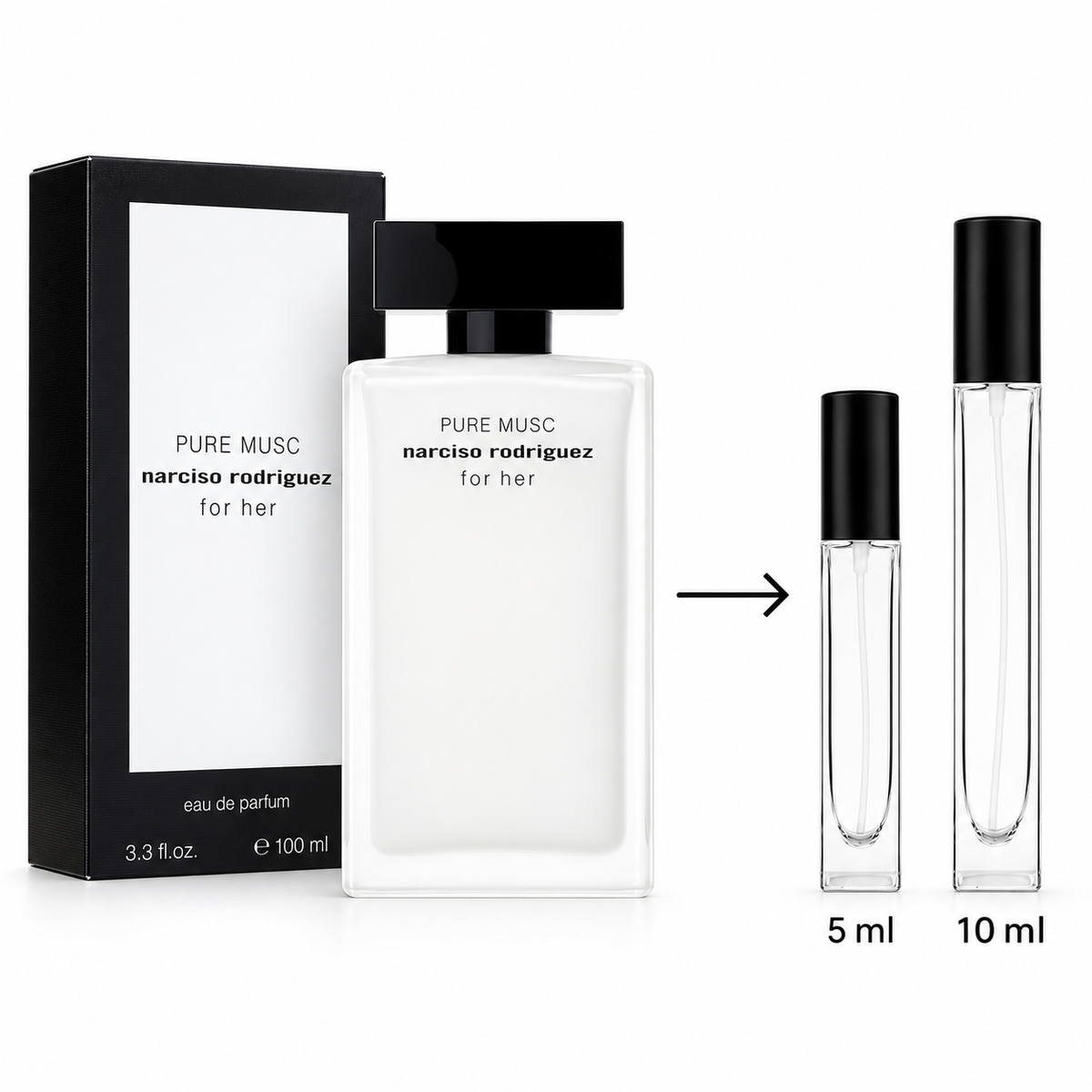 Narciso Rodriguez Pure Musc For Her perfume shown with its black-and-white 100 ml box, a full-size clear bottle, and two clear sample roller bottles labeled 5 ml and 10 ml on a white background.