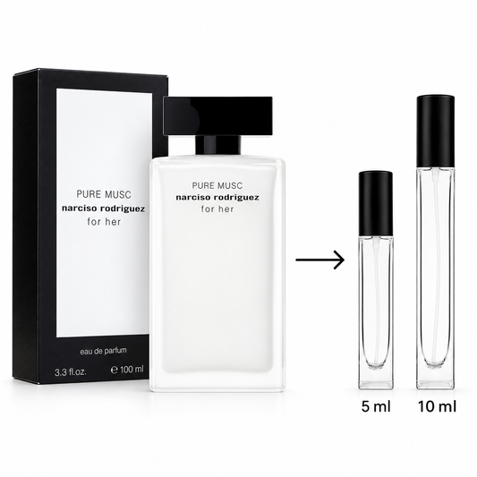 Narciso Rodriguez Pure Musc For Her perfume shown with its black-and-white 100 ml box, a full-size clear bottle, and two clear sample roller bottles labeled 5 ml and 10 ml on a white background.