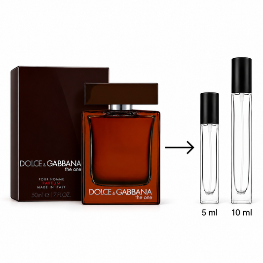 Dolce & Gabbana 'the one' perfume shown with its dark brown box, a 50 ml bottle, and two clear 5 ml and 10 ml travel atomizer vials on a white background.