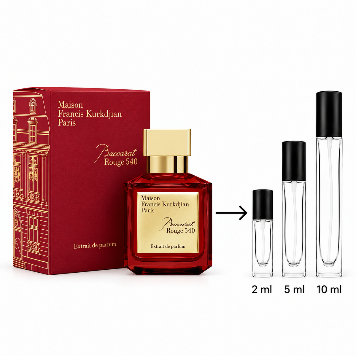 Maison Francis Kurkdjian Paris Baccarat Rouge 340 Extrait de Parfum shown with its red box, a red glass perfume bottle with a gold cap, and three clear travel atomizer bottles labeled 2 ml, 5 ml, and 10 ml on a white background.