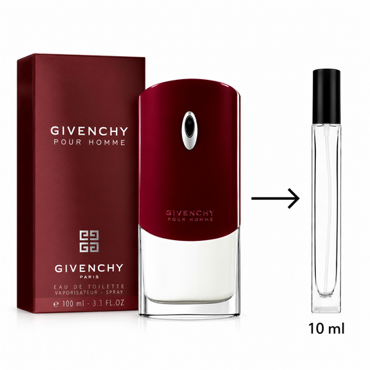 Givenchy Pour Homme Eau de Toilette shown with its red box, a larger bottle, and a smaller 10 ml travel spray bottle on a white background.