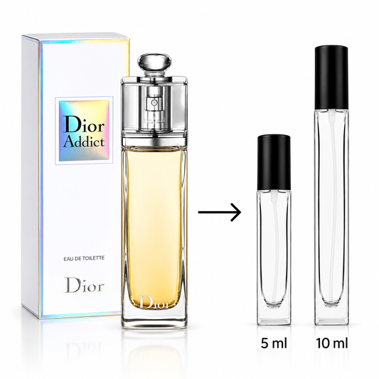 Dior Addict Eau de Toilette shown with its retail box, a full-size rectangular perfume bottle, and two travel atomizer sizes labeled 5 ml and 10 ml on a white background.