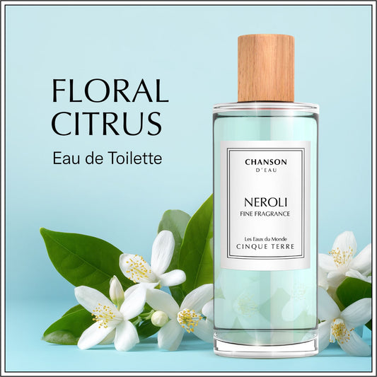 Chanson D'Eau Neroli Fine Fragrance Eau de Toilette bottle with a light wood cap, set against a light blue background with white neroli flowers and green leaves. Text on the left reads 'FLORAL CITRUS Eau de Toilette'.