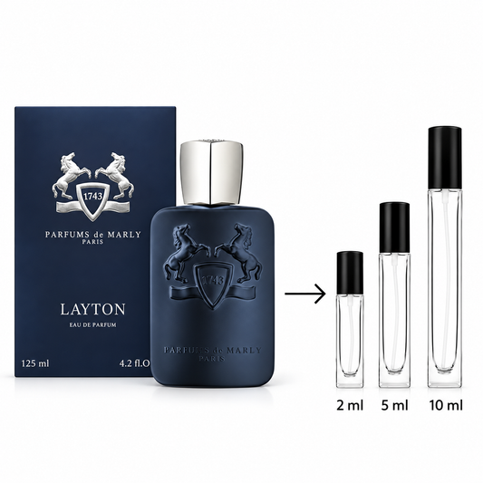 Layton Eau de Parfum 125ml bottle and its navy blue box, alongside three clear glass travel atomizer vials labeled 2 ml, 5 ml, and 10 ml on a white background.