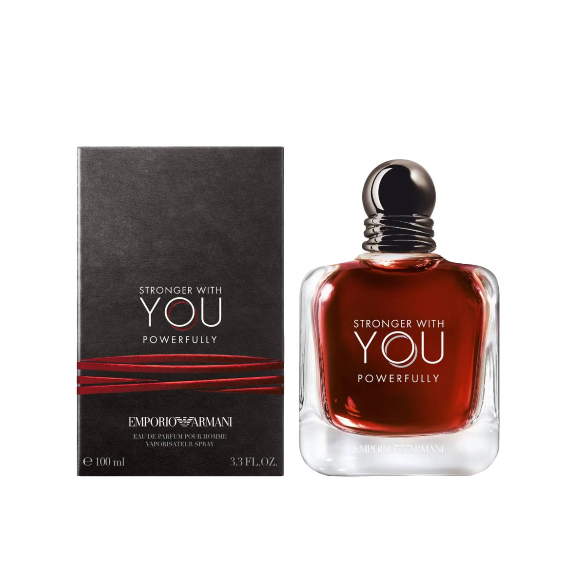 a bottle of Emporio Armani Stronger with you Powerfully with its packaging