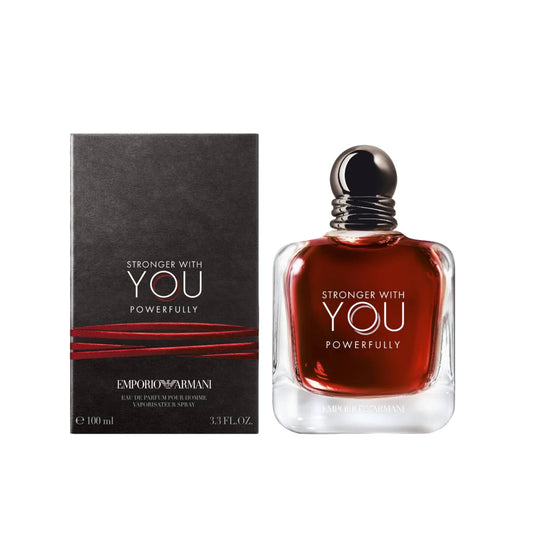 a bottle of Emporio Armani Stronger with you Powerfully with its packaging