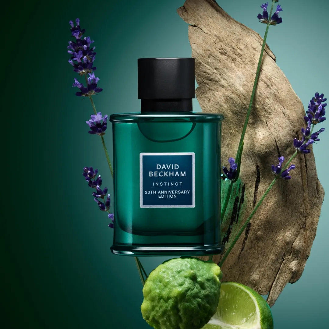 David Beckham Instinct Green perfume bottle with lavender and lime on a green background