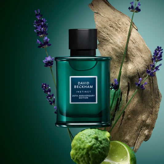 David Beckham Instinct Green perfume bottle with lavender and lime on a green background
