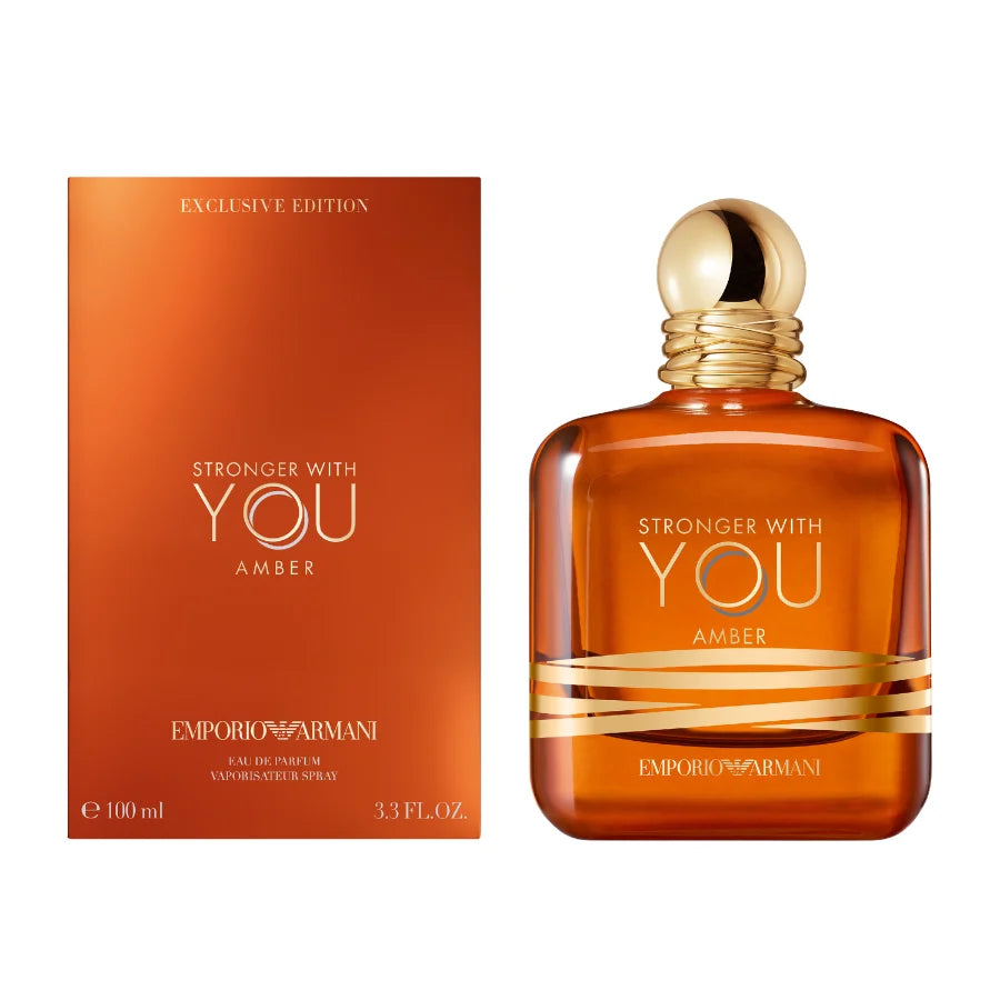 Emporio Armani 'Stronger with You Amber' perfume bottle and packaging on a white background