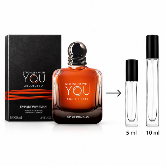 Emporio Armani Stronger With You Absolutely perfume shown with a 100 ml box, the 3.4 fl oz main bottle, and two smaller travel sample vials labeled 5 ml and 10 ml on a white background.