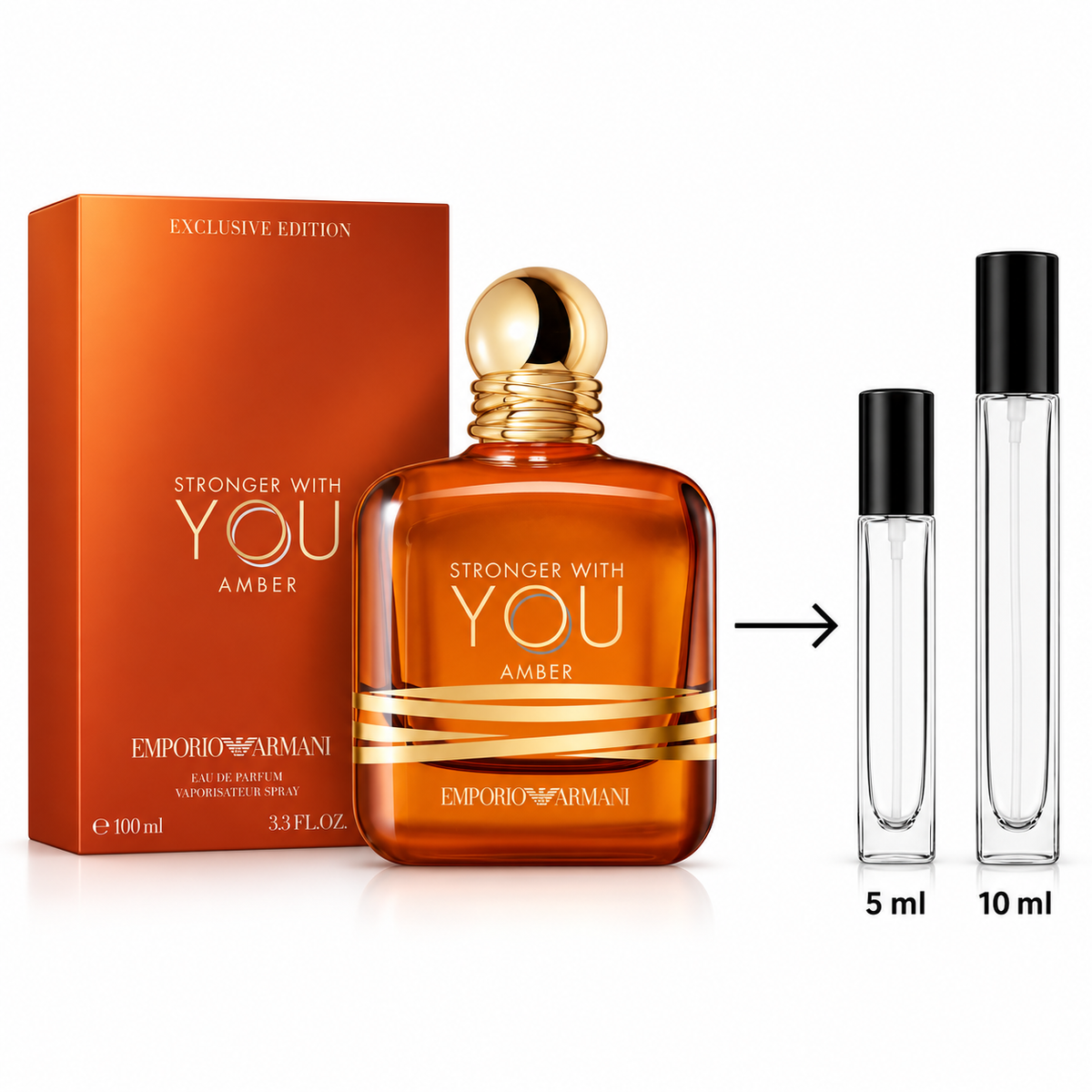 Emporio Armani Stronger With You Amber Eau de Parfum shown with its orange box, a full-size amber bottle with a gold cap, and two travel spray vials labeled 5 ml and 10 ml on a white background.