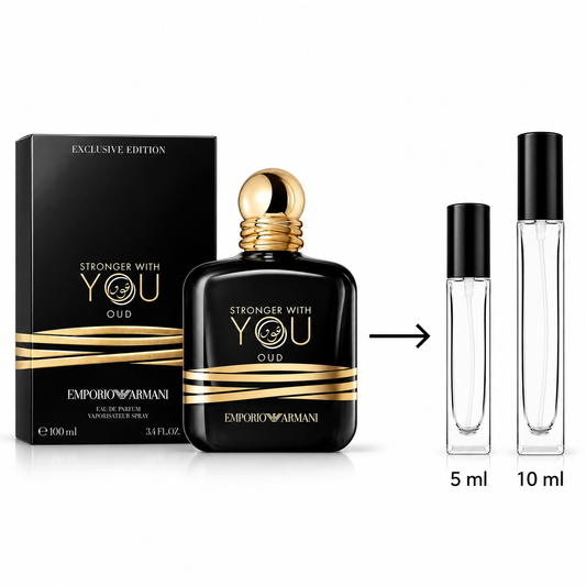 Emporio Armani Stronger With You Oud perfume shown with a black and gold 100ml bottle, its black retail box, and two clear travel atomizer vials labeled 5 ml and 10 ml on a white background.