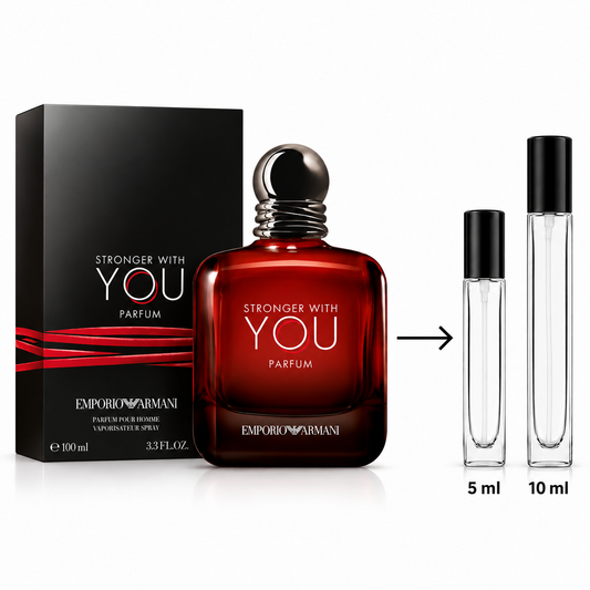 Emporio Armani Stronger With You Parfum shown with its black retail box, a large red glass bottle, and two clear sample spray vials labeled 5 ml and 10 ml on a white background.