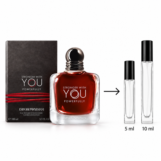 Emporio Armani Stronger with You Powerfully perfume shown with a 100 ml box, a 3.3 fl oz bottle, and two 5 ml and 10 ml sample atomizer vials on a white background.