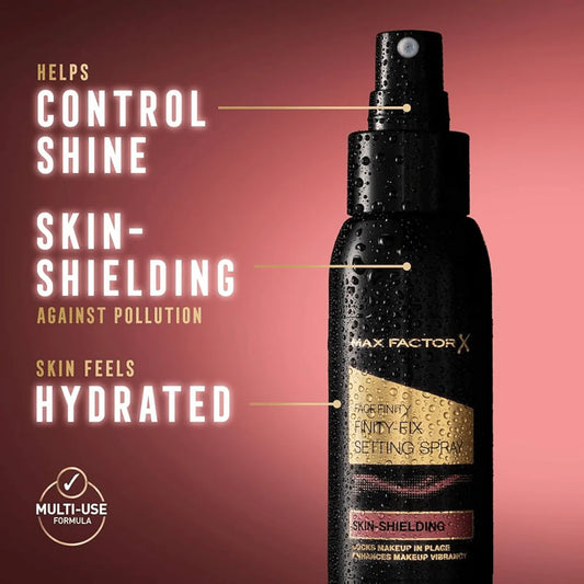 Max Factor setting spray bottle with text highlighting its benefits on a red background