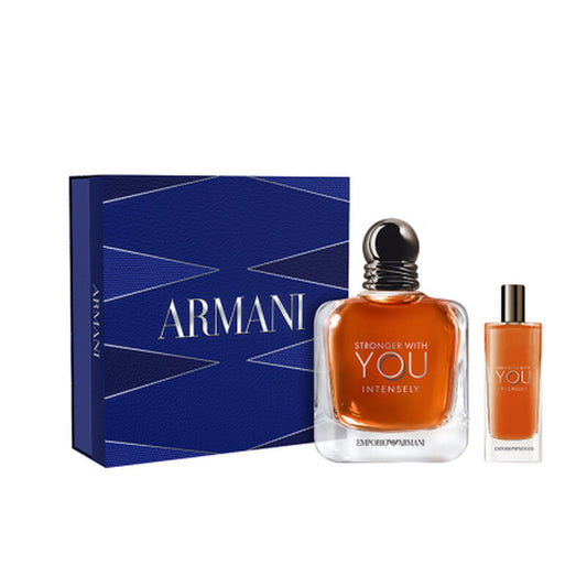 Emporio Armani Stronger With You Intensely Eau de Parfum gift set featuring a large rectangular bottle, a smaller travel spray bottle, and their blue geometric presentation box on a white background.