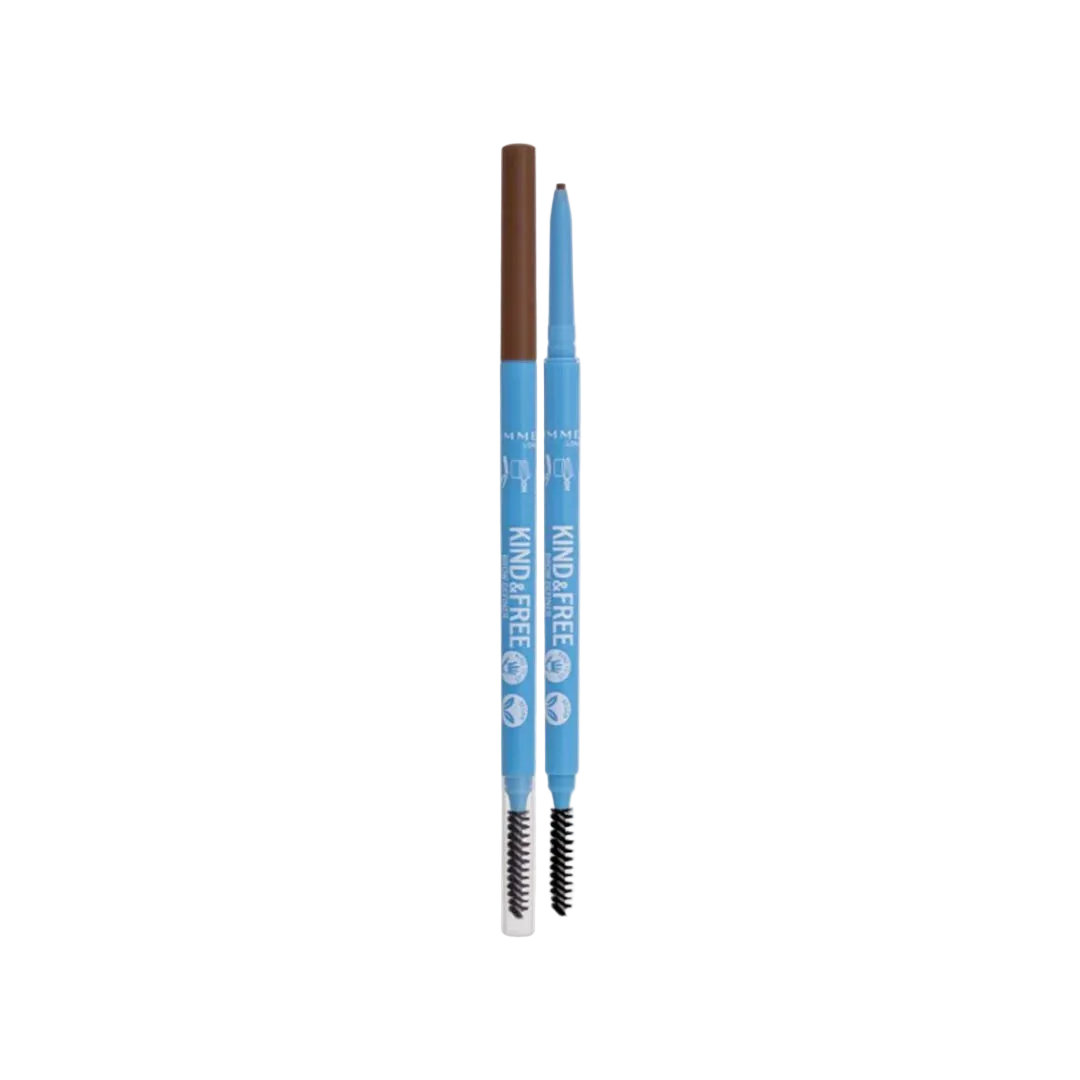 Eyebrow pencil with brown tip and blue casing on a white background