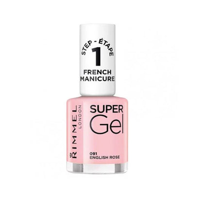 Rimmel Super Gel nail polish bottle with pink cap and white label on a white background