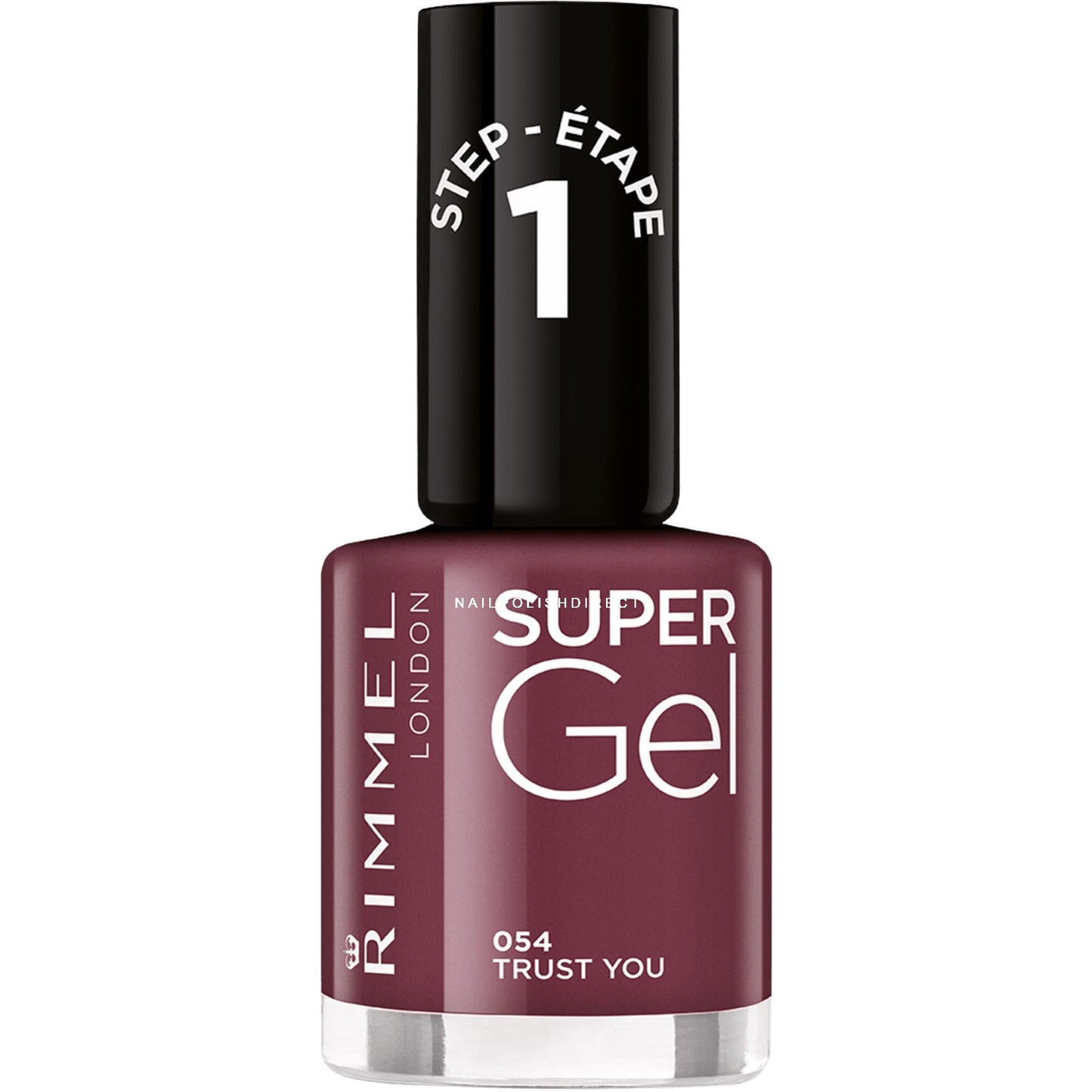 Rimmel Super Gel nail polish bottle with maroon color on a white background